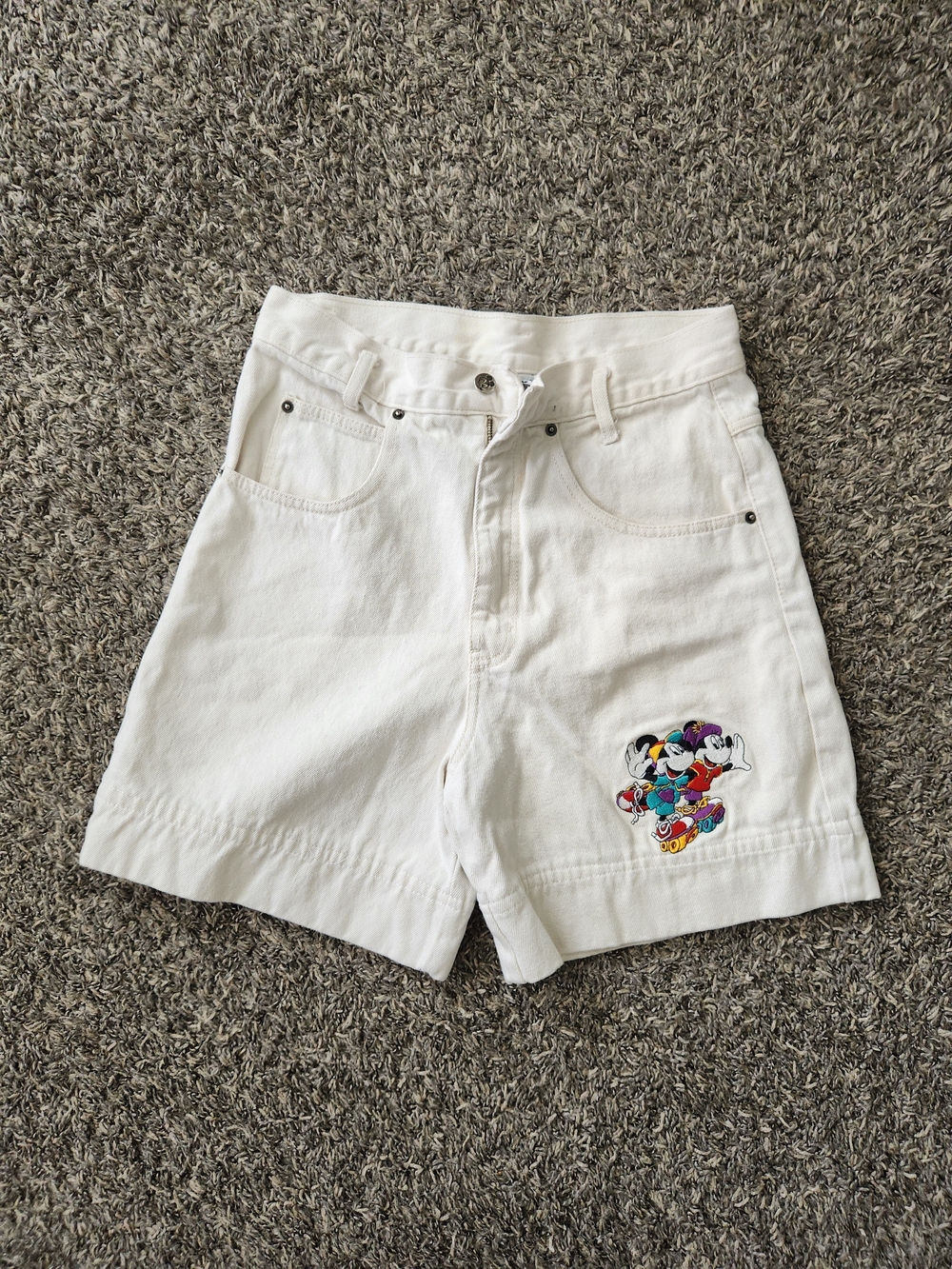 90s Disney White High-Waist Jean Shorts with Colorful Mickey Embroidery Medium